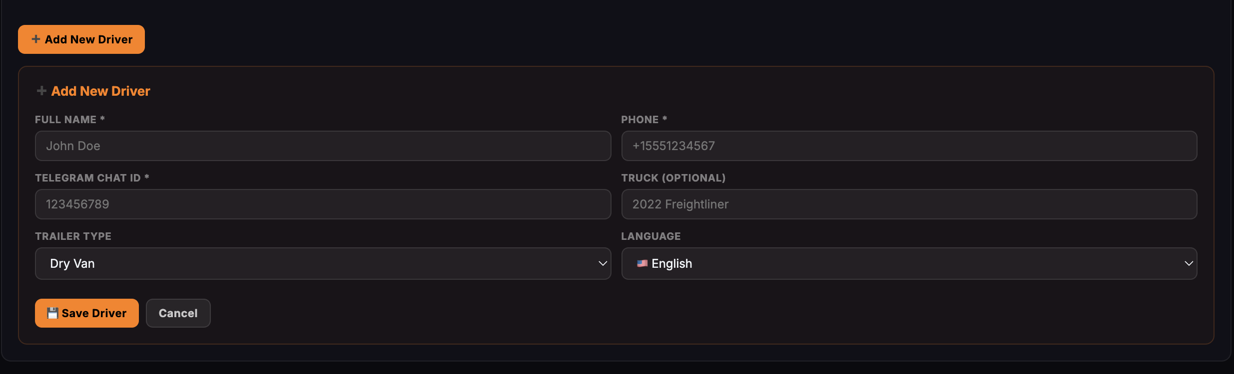 Add new driver form