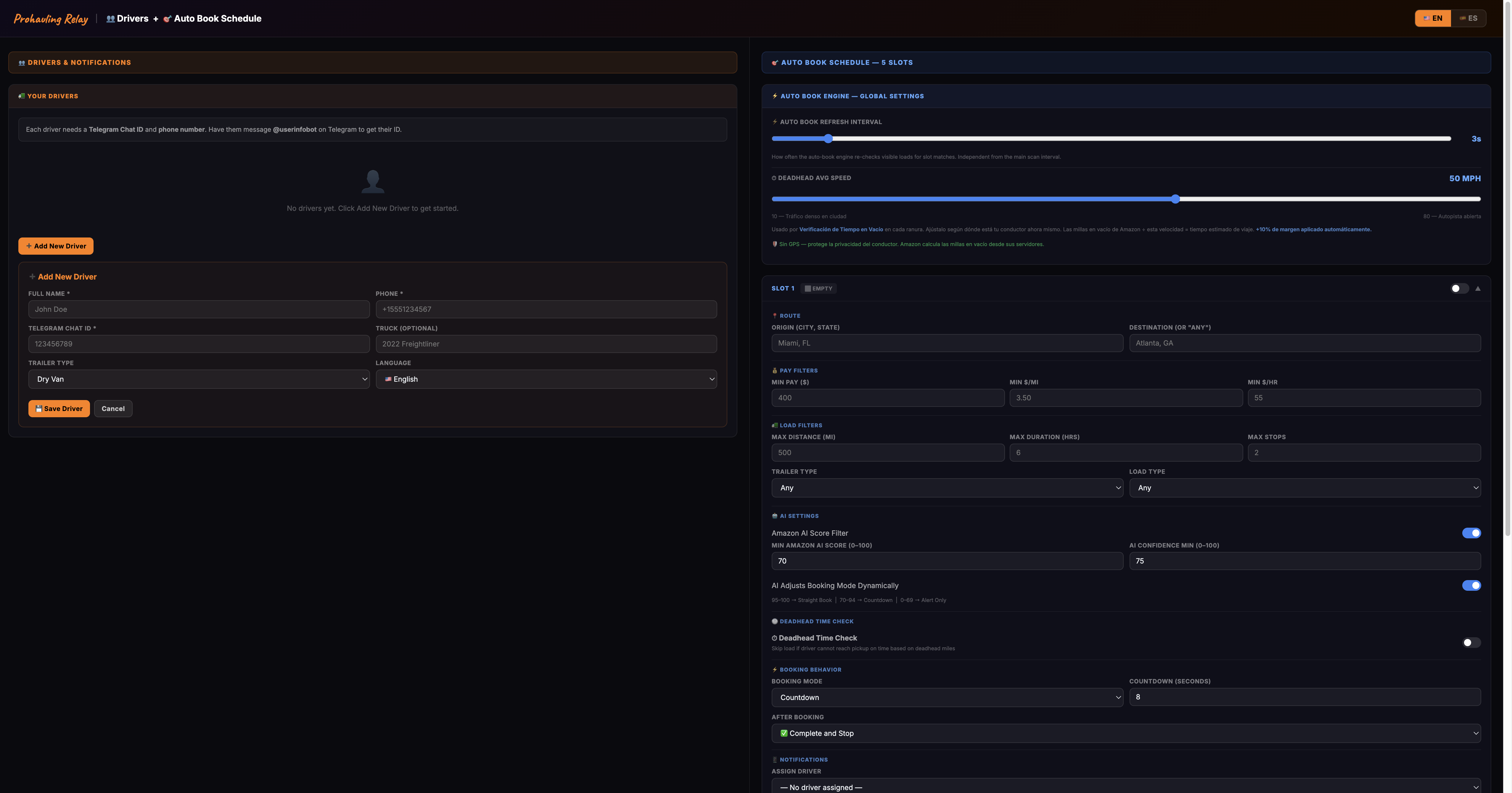 Full overview of Drivers + Auto Book Schedule panel